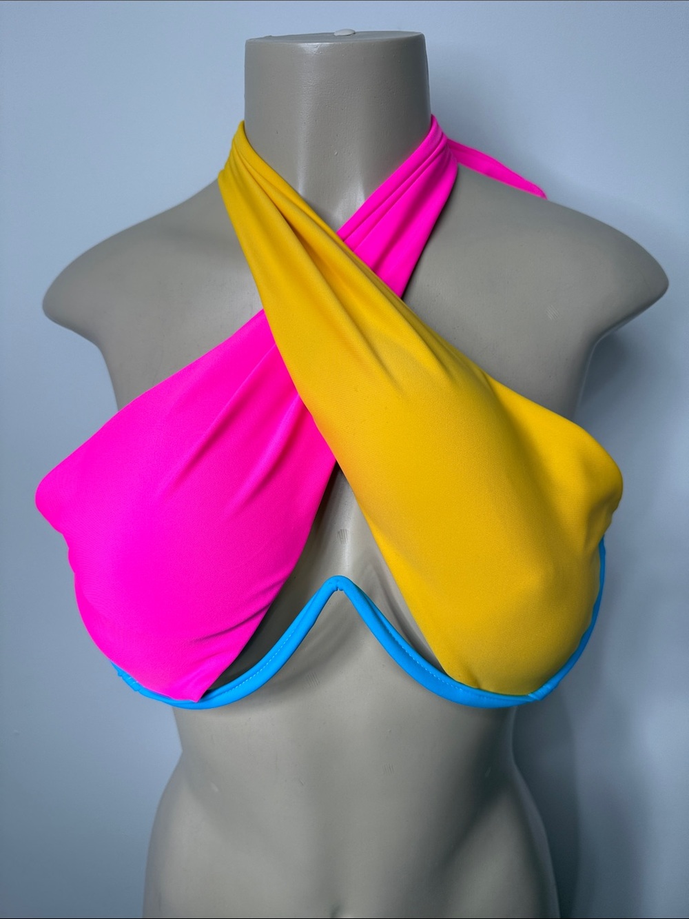 SHEIN Neon Pink & Yellow Cross-Front Bikini Top with Blue Trim